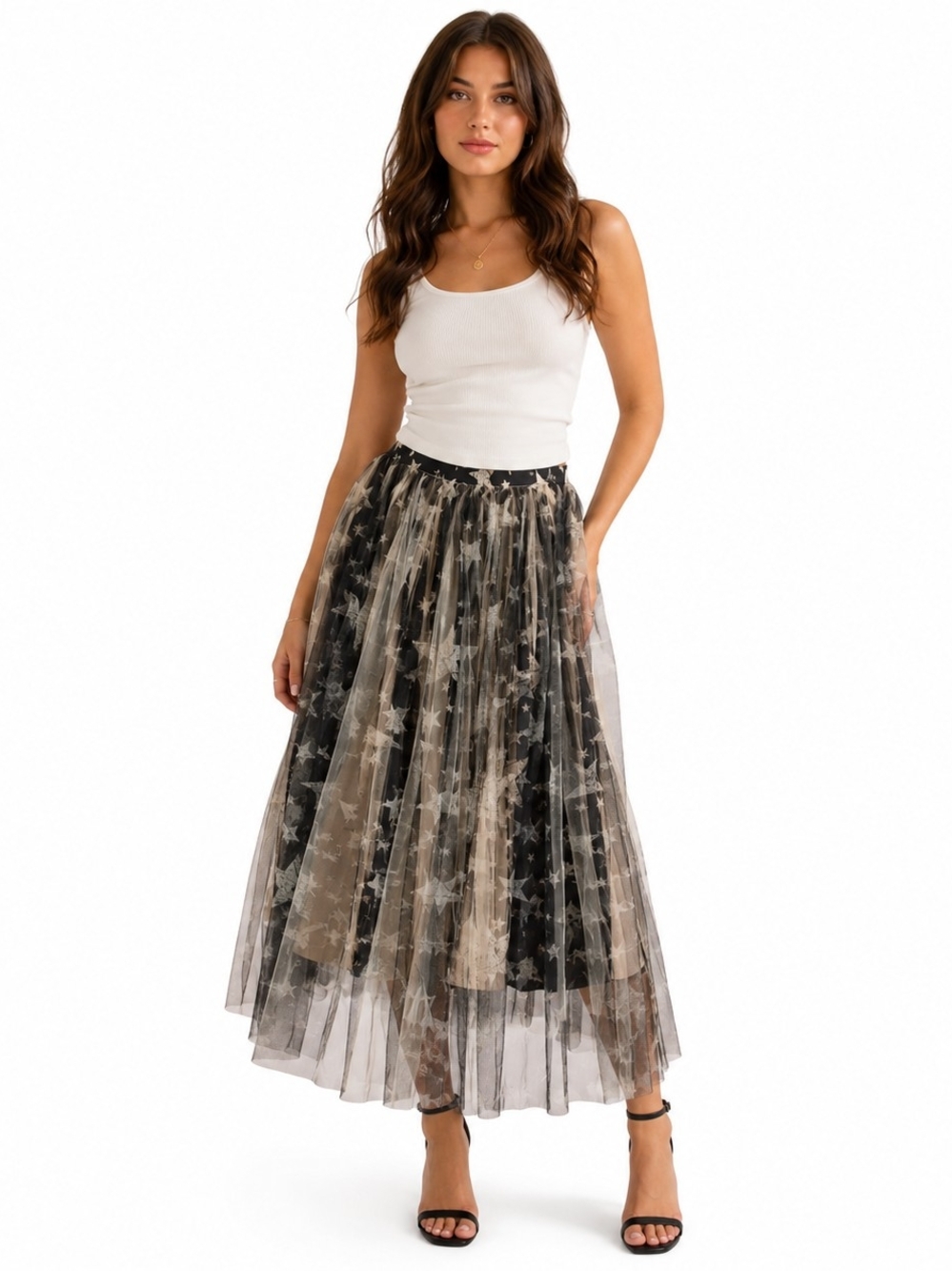 Boutique Starry Night Tulle Midi Skirt NWT XL Celestial Sheer Overlay Stretch
